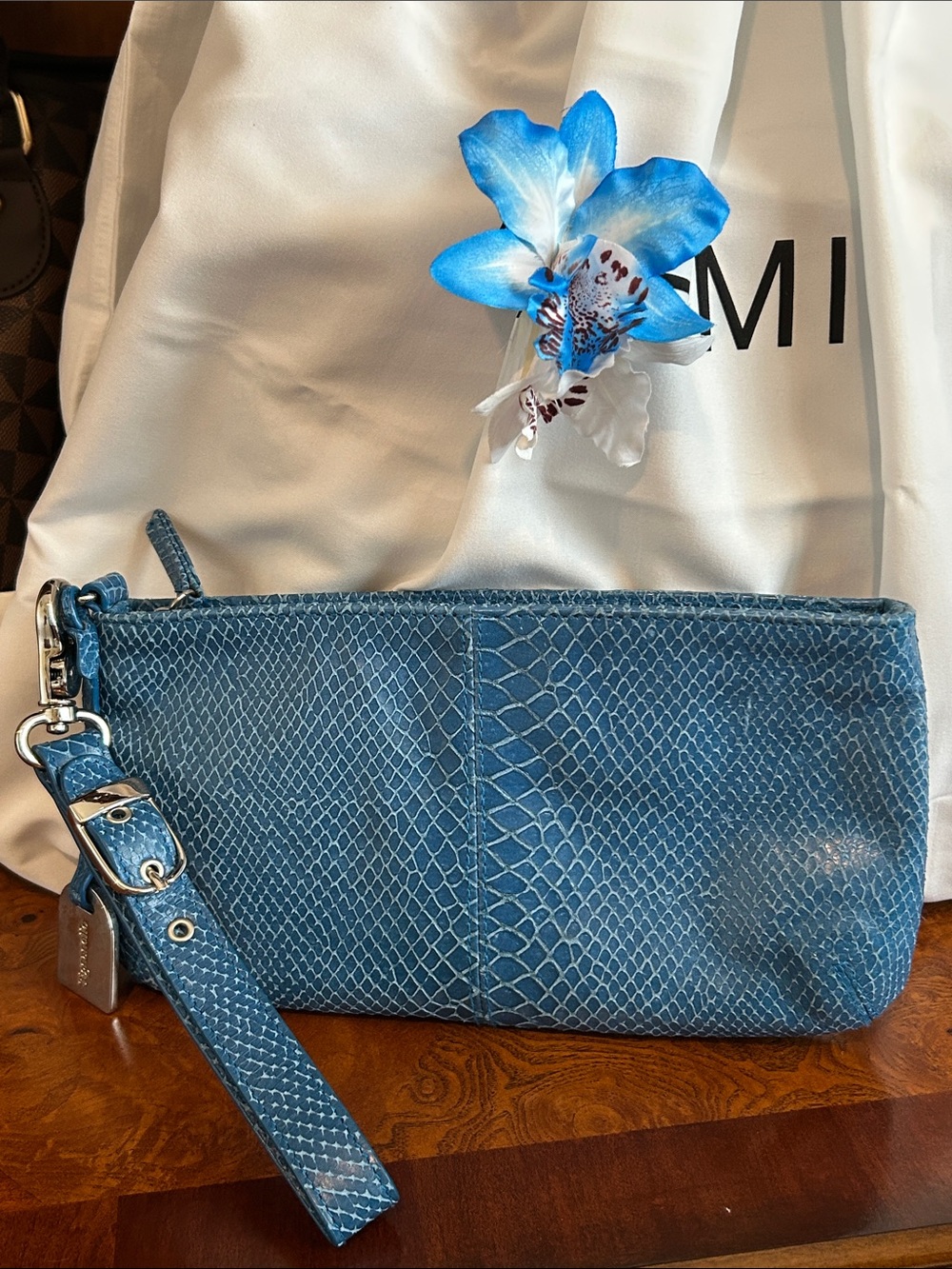 Tignanello Leather Blue Snakeskin-Embossed Wristlet